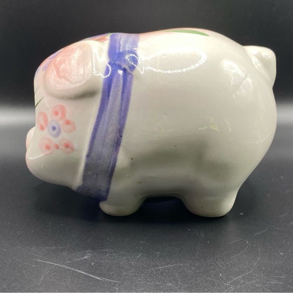Vintage Ceramic Pig Piggy Bank Hand Painted Purple Pink Flowers And Bow - Picture 3 of 10